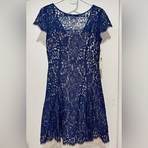 Eliza J Short Sleeve Lace Dress with Tulle Hem in Navy Size 4